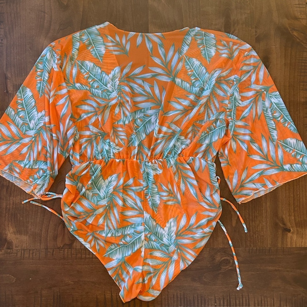 Tropical Orange Leaf Print Sheer Romper Cover Up - Picture 2 of 3
